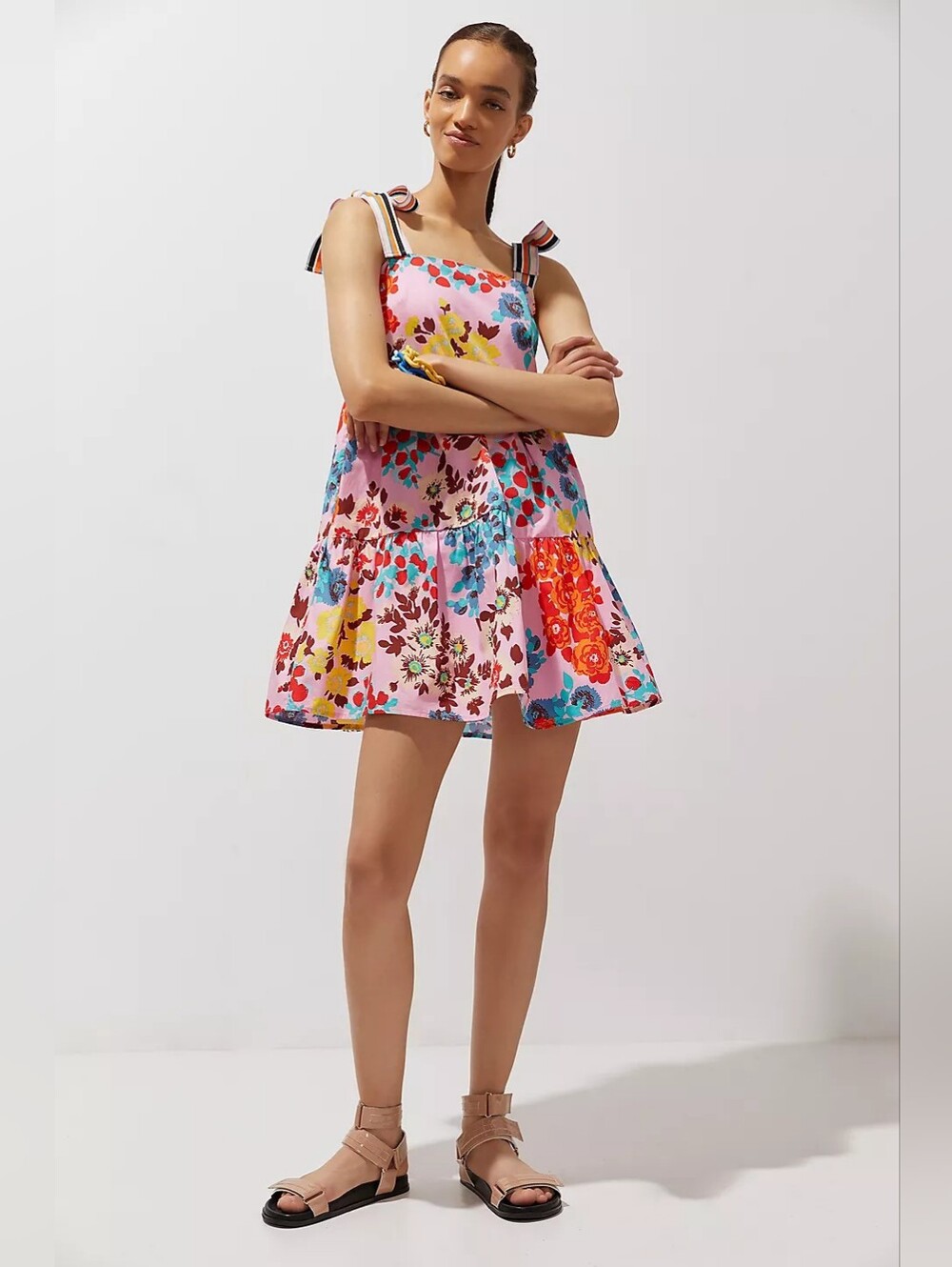 Peter Som for Anthropologie Flouncy Floral Mini Dress Ribbon Pockets Colorful XS